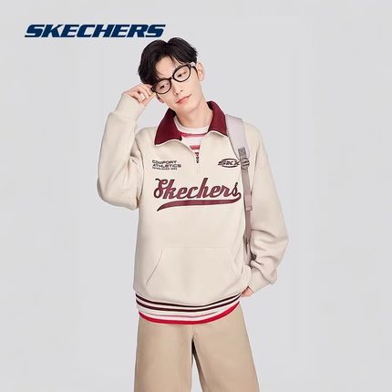 Skechers斯凯奇秋冬男女加绒宽松卫衣保暖舒适学院风立领百搭上衣