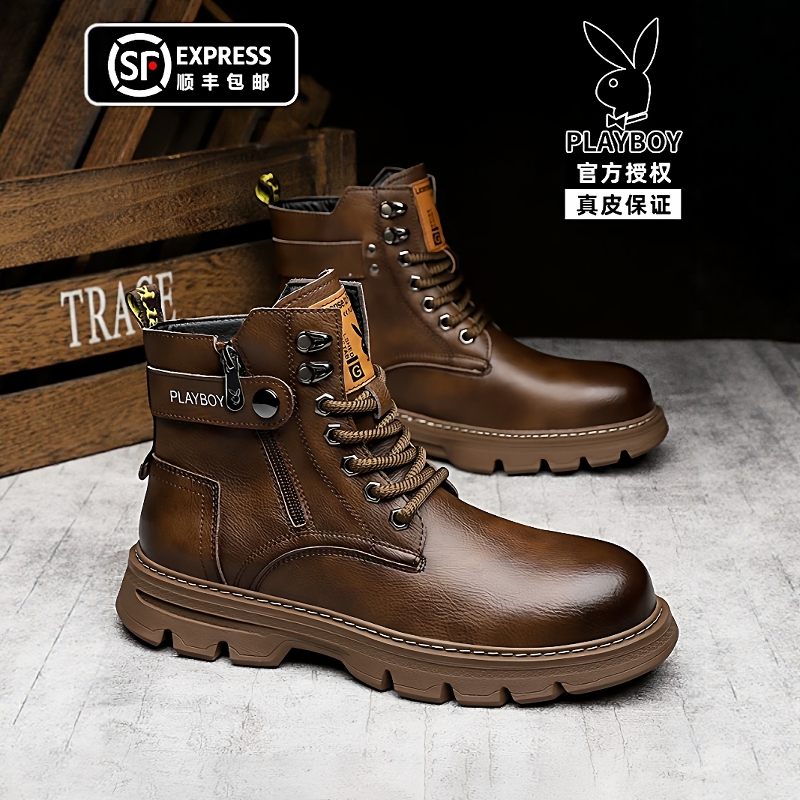 冬季加绒真皮高帮工装靴皮鞋男