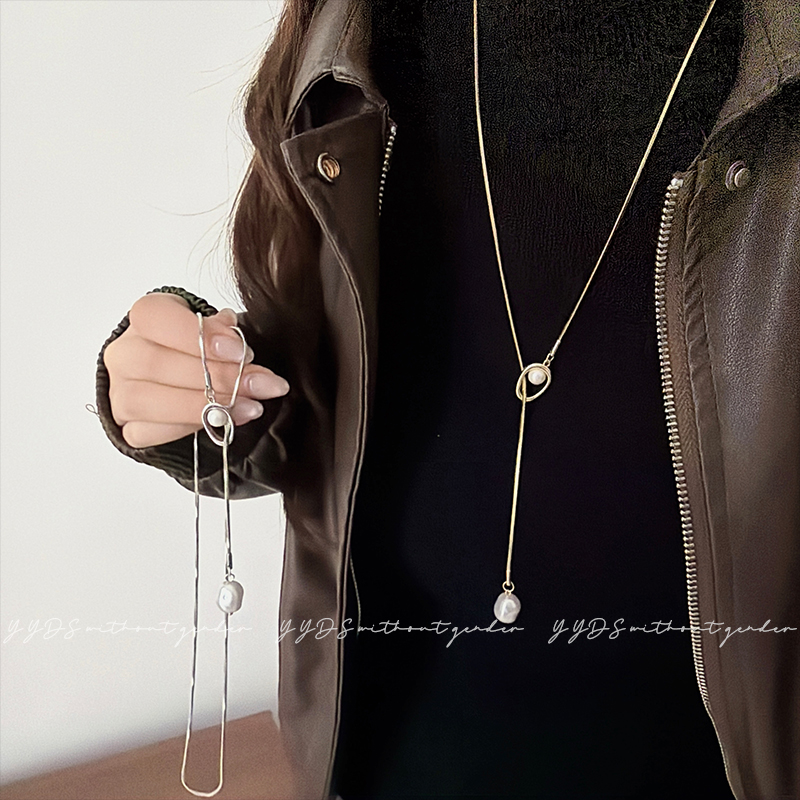 秋冬复古珍珠金色长款项链