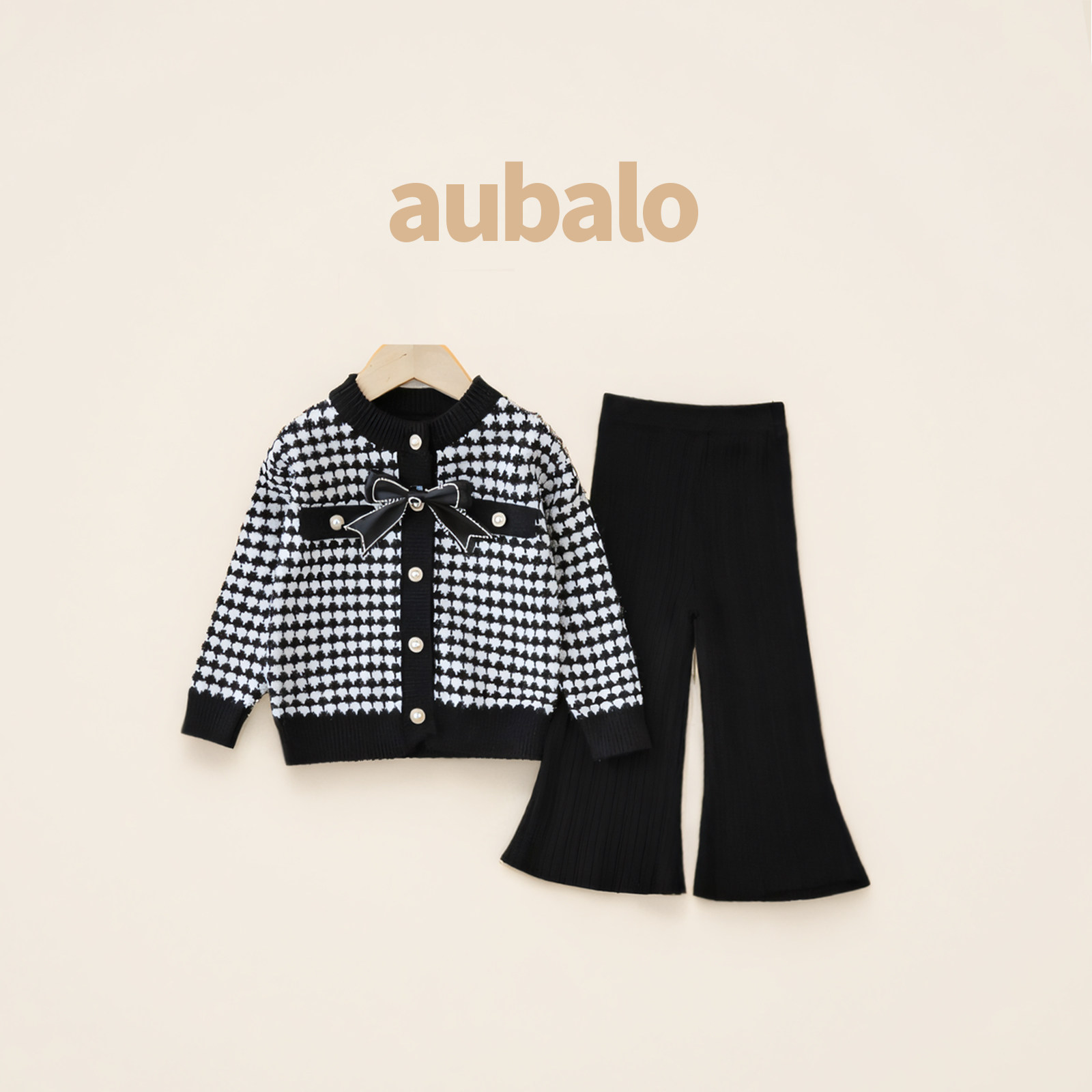 aubalo女童套装千鸟格毛衣开衫外套喇叭裤秋装2025新款儿童两件套
