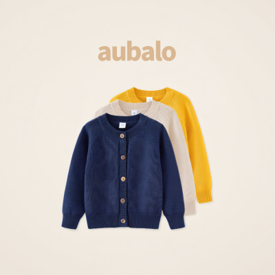aubalo 女童纯色棉线针织开衫外套秋冬新款2025儿童宽松圆领毛衣