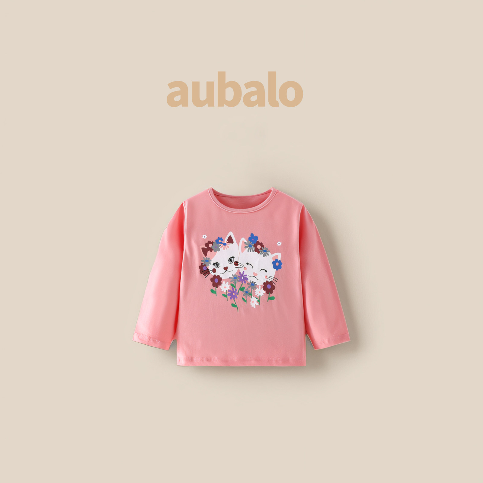 aubalo 女童可爱猫咪长袖t恤秋季新款2025儿童宽松休闲粉色打底衫