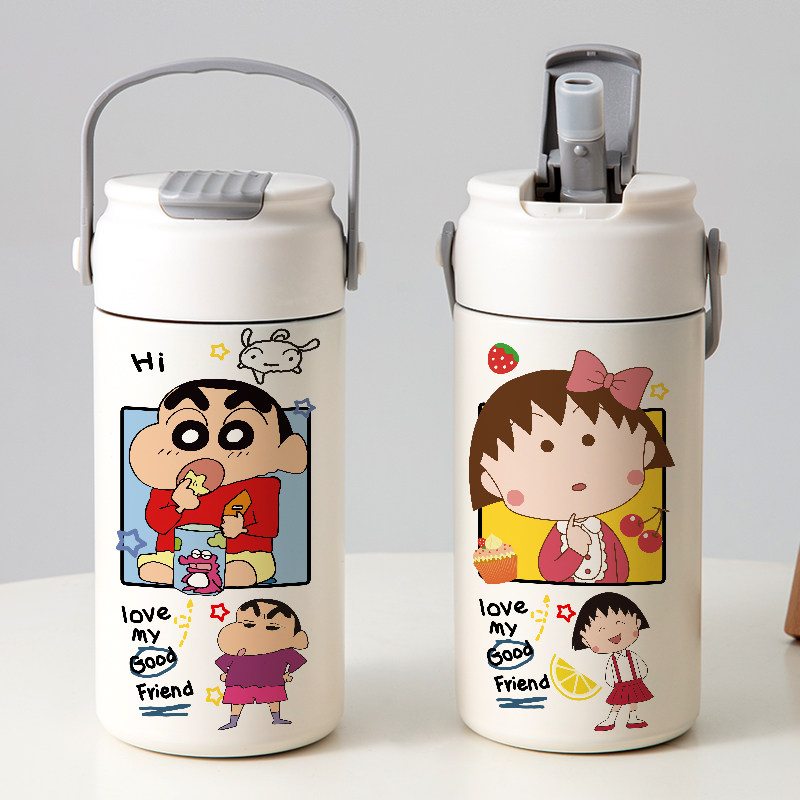 蜡笔小新吸管保温杯樱桃小丸子情侣创意一对卡通ins风泡茶水杯子