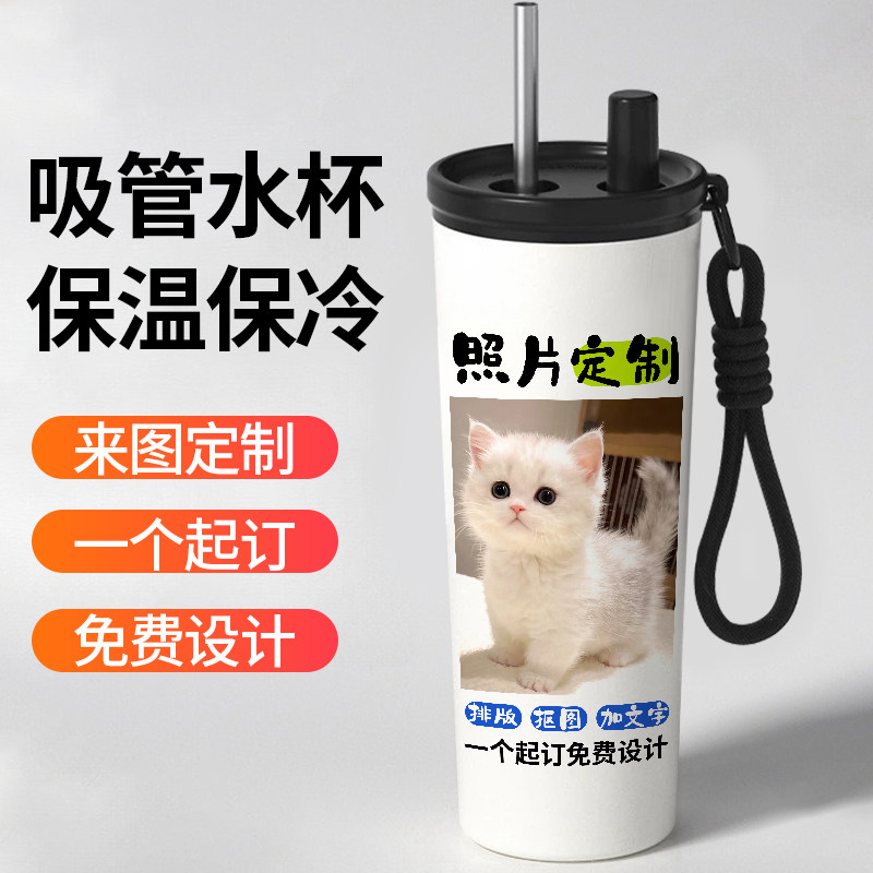 宠物来图定制吸管保温杯可印照片印制公司logo图片水杯316不锈钢