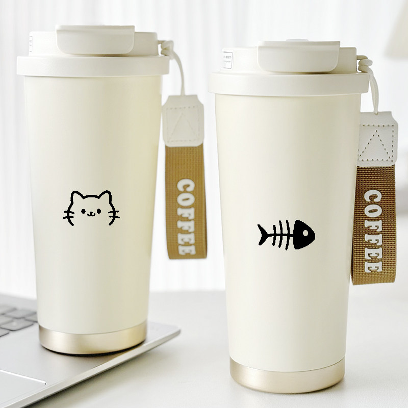 可爱猫咪小鱼简笔线条图案定制咖啡保温杯陶瓷内胆双饮带挂绳水杯