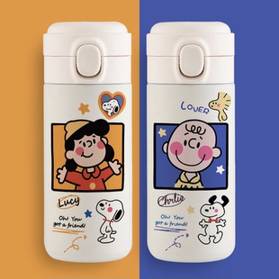 史努比保温杯情侣卡通日系弹跳盖水杯情侣杯子男女一对定制壶小巧