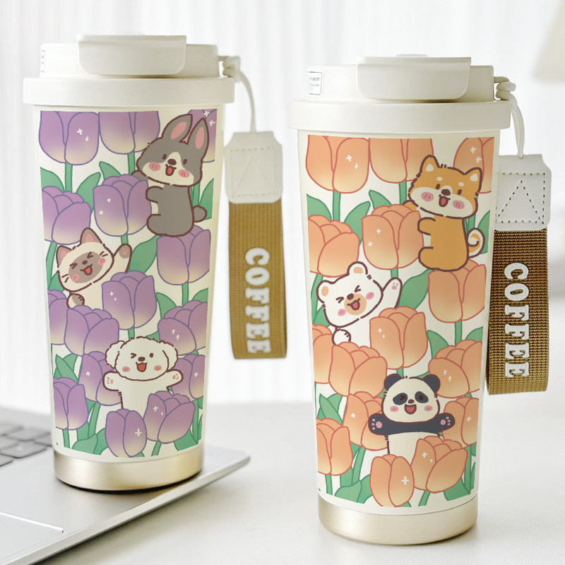 郁金香保温杯女款熊猫卡通水杯子小狗花朵设计感闺蜜带吸管咖啡杯