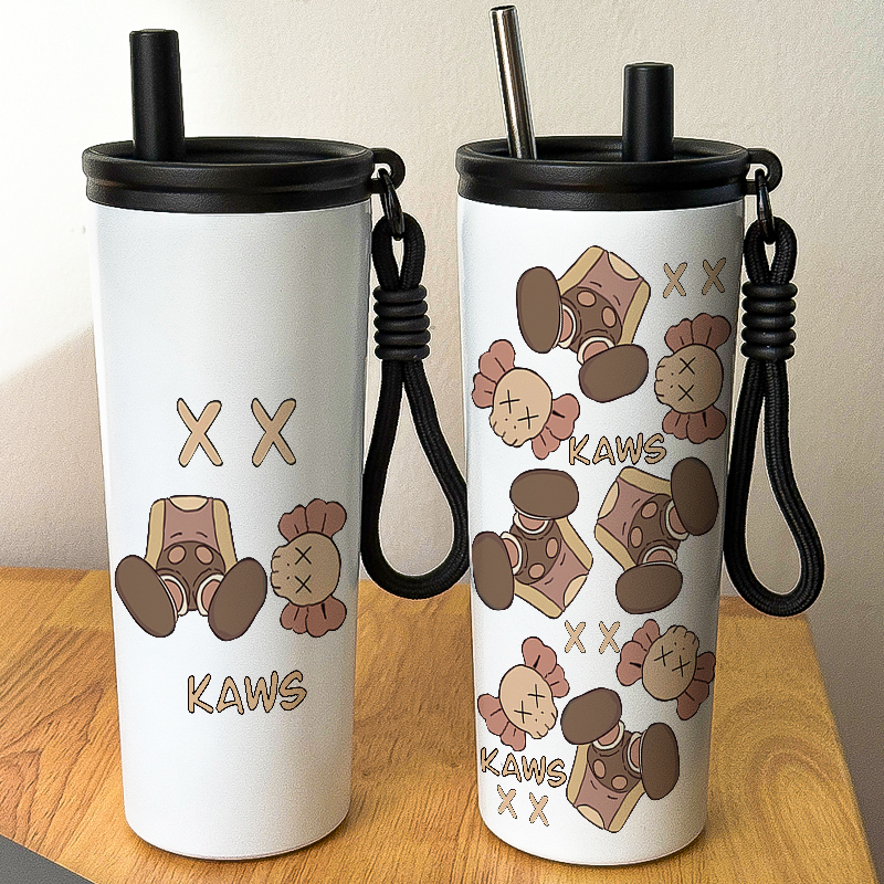 芝麻街吸管保温杯kaws潮牌ins情侣学生个性卡通水杯欧美316不锈钢