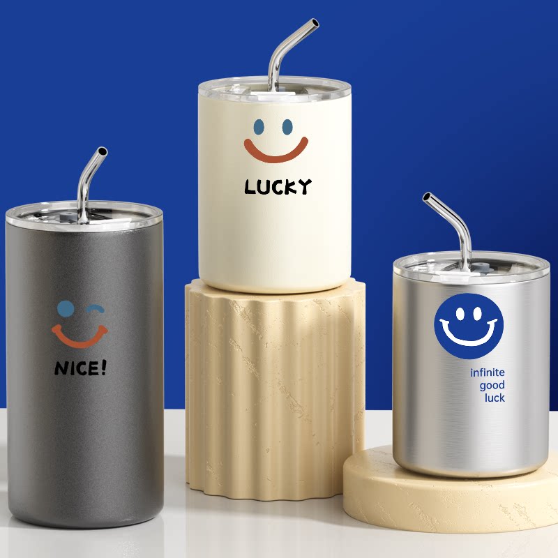 笑脸咖啡保温杯简约男女款水杯子情侣高颜值学生带吸管304不锈钢