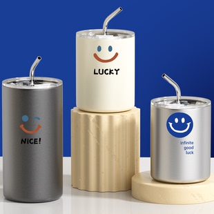 笑脸咖啡保温杯简约男女款水杯子情侣高颜值学生带吸管304不锈钢
