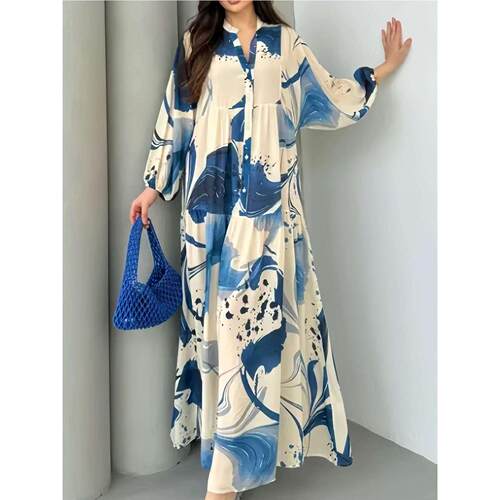 印花连衣裙宽松长袖气质v领长裙Long-sleeved elegant long dress