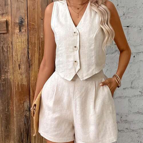 Solid color casual vest shorts set for women背心短裤套装女