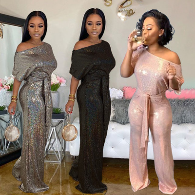 S-4xl sexy sequined jumpsuit for ladies大码性感女士连体裤
