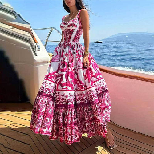 欧美时尚波西米亚印花吊带连衣裙长裙 Bohemian Strap Midi Dress