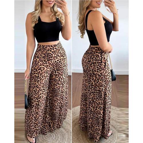 Tank Top Leopard Print Wide Leg Pants Set 背心豹纹阔腿裤套装
