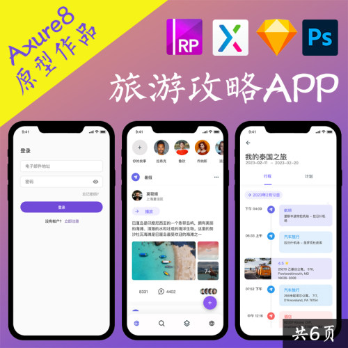 6页Axure高保真原型旅游攻略帖子行程分享APP移动端psd设计稿.rp