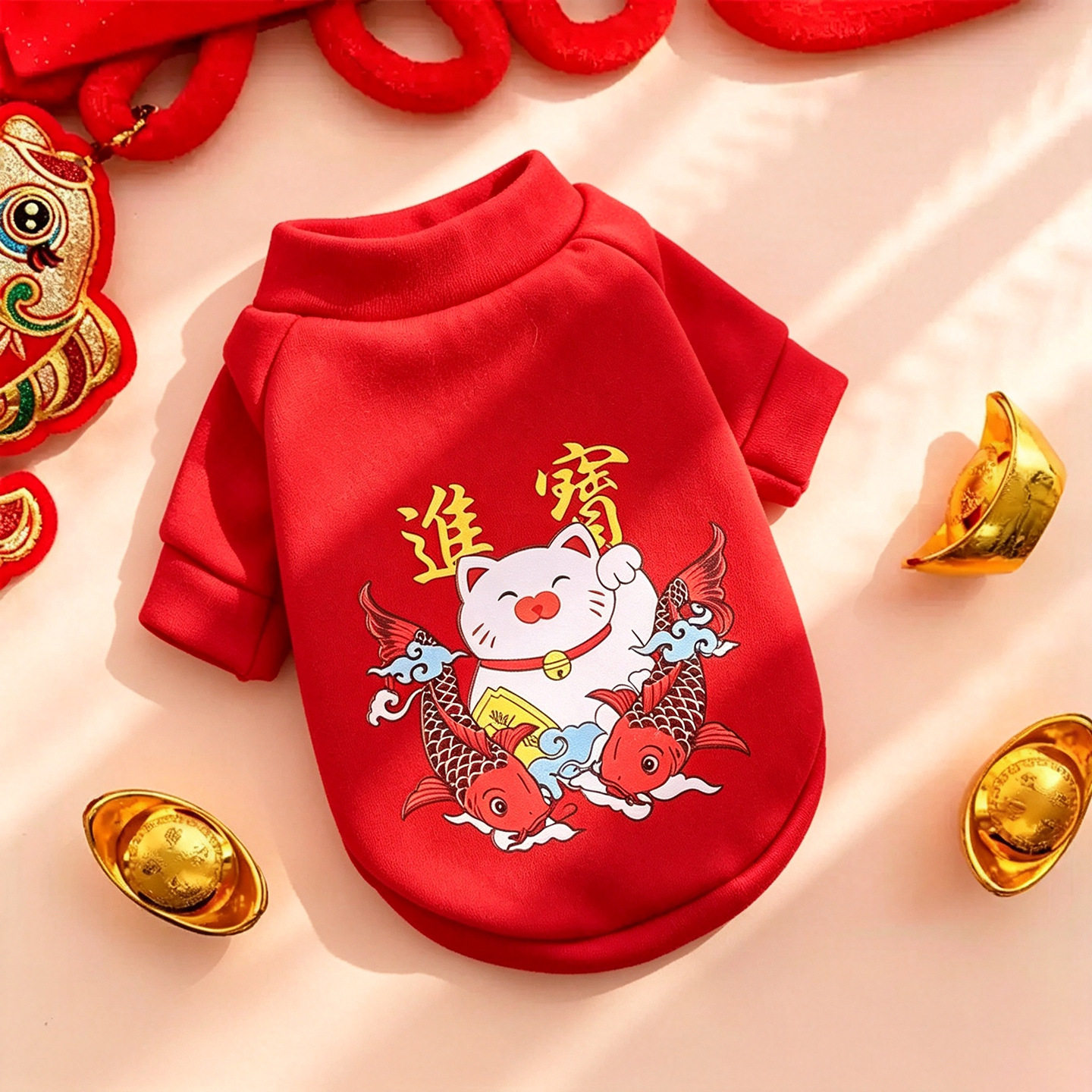 宠物衣服红色招财保暖卫衣小猫印花猫咪狗狗衣服柯基泰迪比熊用品