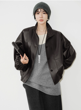 2025秋季新款复古极简休闲简约风短款立领防风羊皮夹克皮衣外套女