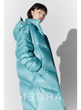 高端2025冬季新款95白鹅绒亮面湖蓝加厚长款宽松连帽羽绒服外套女