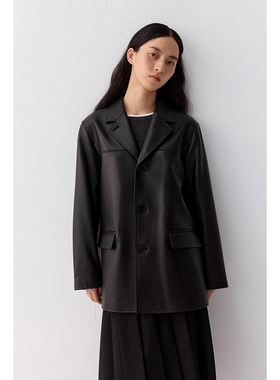 2025春季新款黑色绵羊皮分割线设计质感显瘦直筒型西装外套皮衣女