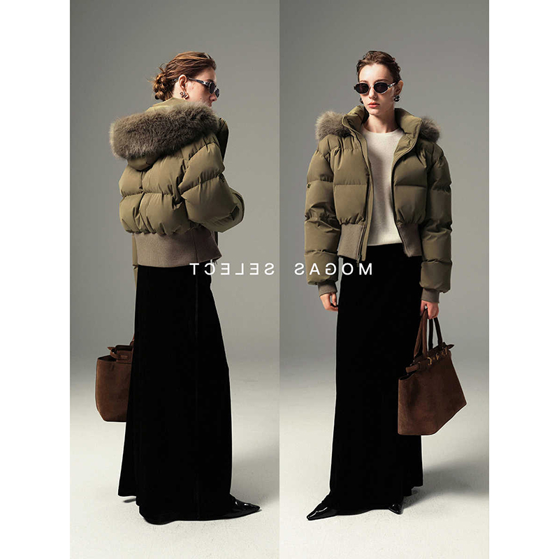 短款真狐狸毛领连帽羽绒服外套女