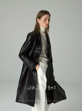 2025秋季新款休闲精致感中长款绵羊皮经典极简西装翻领真皮皮衣女