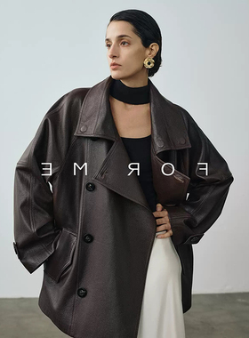 2025秋季新款复古重工双排扣设计感短款真皮风衣无涂山羊皮外套女
