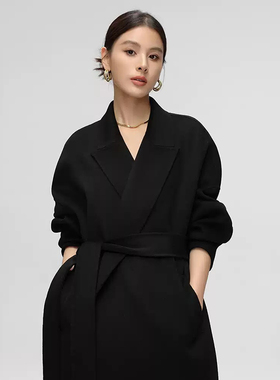 2025冬季新款黑色双面羊绒大衣女休闲长款浴袍款腰带毛呢修身外套