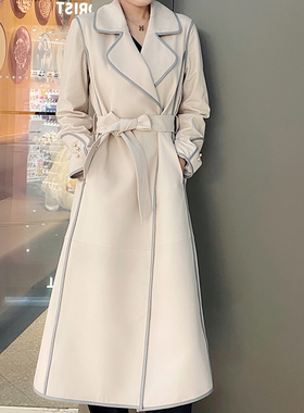 2025春秋新款设计感包边拼色绵羊皮真皮简约系带女中长款风衣外套