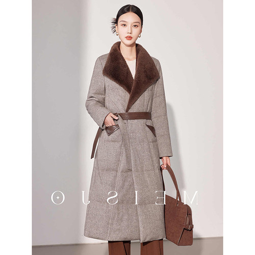 90白鹅绒羊羔毛领羽绒服长款外套