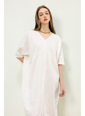 2025夏季新款纯亚麻面料米白色茧型宽松显瘦连衣裙夏季短袖裙子女