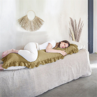 100%亚麻双人长枕套花边情侣枕一体1.8m1.5m纯色长条抱枕床头靠垫
