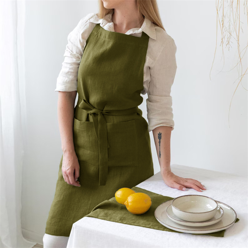纯色亚麻围裙厨房家用透气女美术生书法罩衣咖啡厅烘焙花店工作服