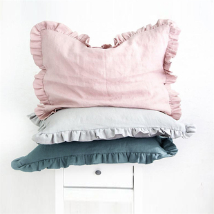 现代轻奢风亚麻花边枕头套纯色女生枕套高档48X74cm一只装 可定制