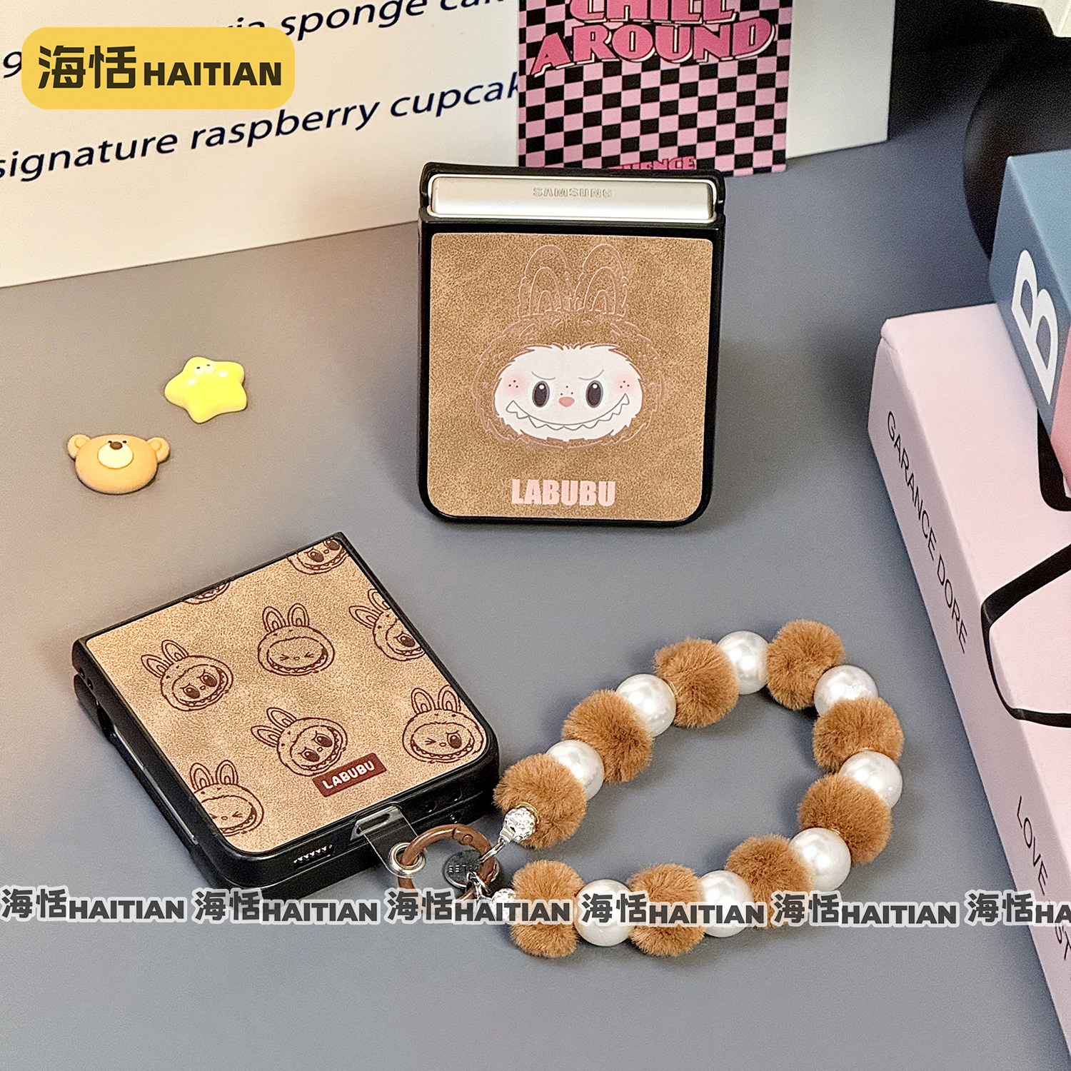 绒感皮纹卡通拉布布折叠屏手机壳