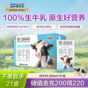 现代牧业三只小牛纯牛奶整箱批发250ml*21盒11-12月产