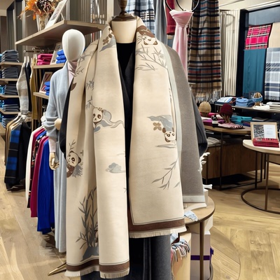 法国CaringKleing100%羊绒~秋冬新款国风熊猫围脖加厚保暖围巾