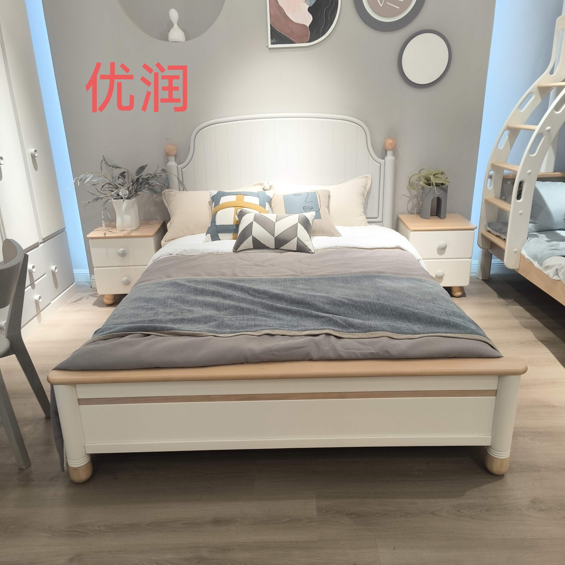 实木儿童单人床灰白色