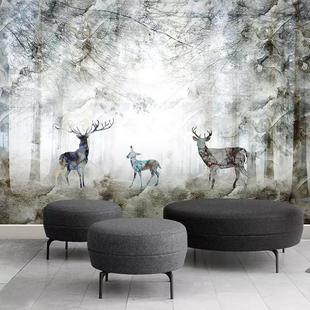 5D定制麋鹿树林壁画壁纸北欧墙纸现代简约电视背景墙客厅卧室
