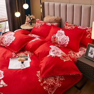 婚庆六件套床品 大红色纯棉加厚床单被套四件套全棉磨毛双人床中式