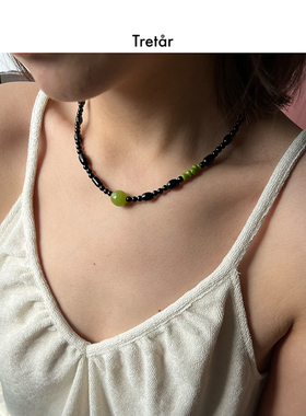 Tretar 「薄荷黑巧」 黑玛瑙琉璃项链 天然百搭锁骨链