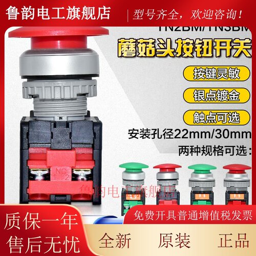 正品天得蘑菇头按钮开关TN2BMG-1A绿大头按钮TN3BMR红色常开常闭