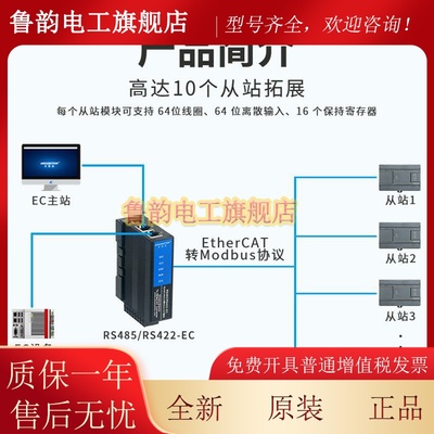 艾莫迅EtherCAT转Modbus通讯模块双网口转TCP/RTU/RS485/RS422-EC