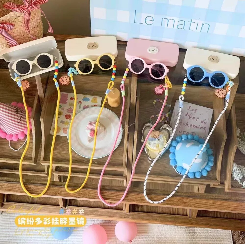 ins儿童太阳镜挂绳带盒三件套洋气多巴胺彩色男女童墨镜防紫外线