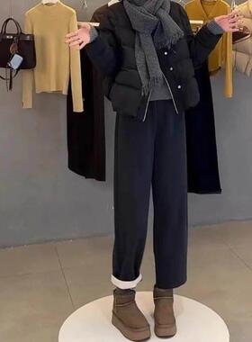 深色毛呢阔腿裤女 秋冬大尺码高灰腰显UYD瘦小个子加绒加厚休直筒