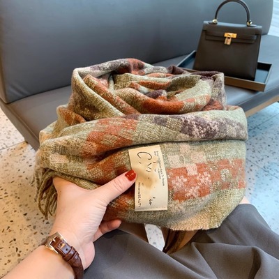 法国Cansay Kaer围巾女秋冬季百搭拼色编织格子双面羊绒披肩围脖