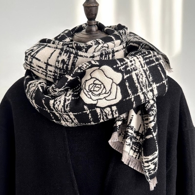 法国DRCO小香风茶花双面围巾女秋冬季2025新款保暖加厚山羊绒围脖