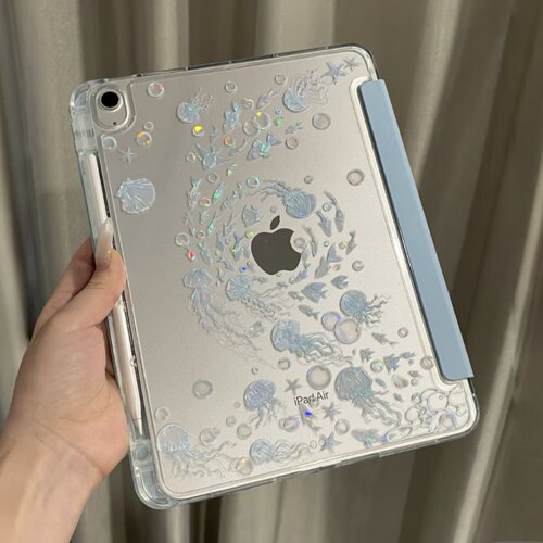 ipad保护壳3+Y折软边硬底防弯可爱蓝色系治愈海洋插画平板保护套air4/5/6/7/8苹果pro13寸外壳