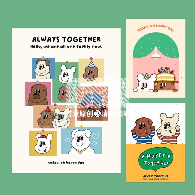 可爱狗狗 韩国插画ins海报服装店装饰画墙贴纸小熊甜品蛋糕店卡通