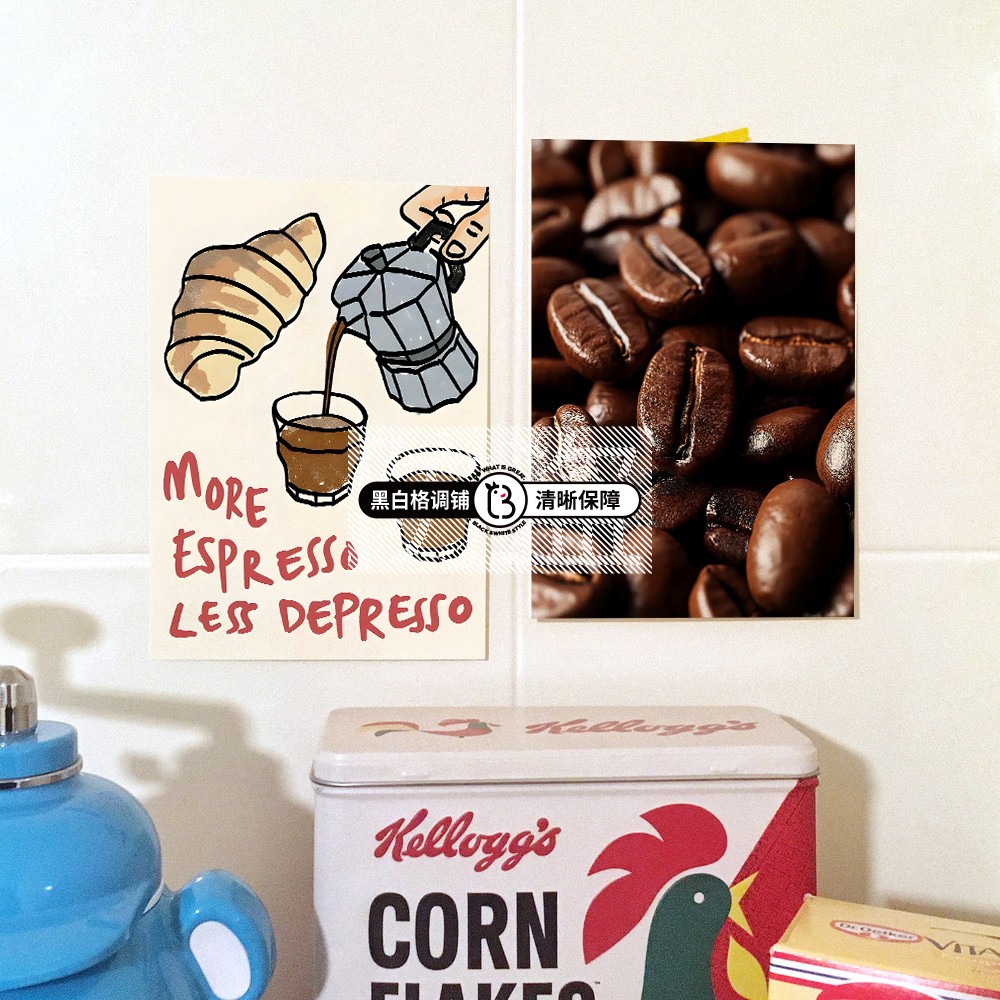 咖啡店手绘风格装饰画 ins风奶茶店墙面贴纸 卡通海报摄影室背景